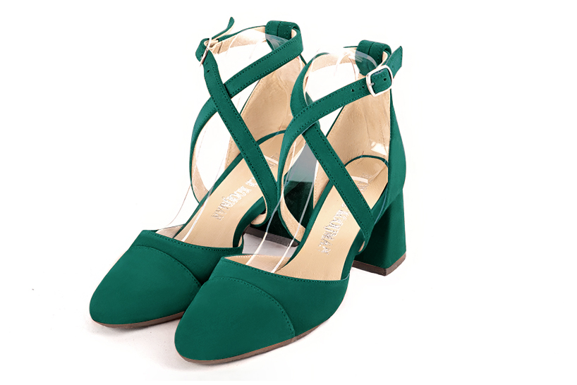 Emerald green women's open side shoes, with crossed straps. Round toe. Medium flare heels. Front view - Florence KOOIJMAN